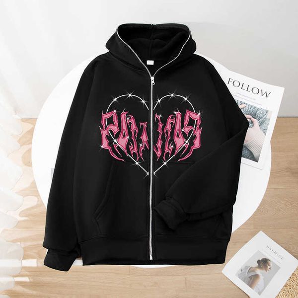 

2023 full new love zip sweater design senses small spicy girl cardigan coat street fashion casual, Black