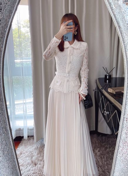 

auth s-elf portrait lace panel off white pleated long skirt slim fit skirt, Black;gray