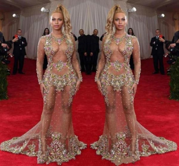 

sheer beaded prom dress beyonce met ball red carpet dresses illusion long sleeves evening dresses formal party gowns8309654, Black;red