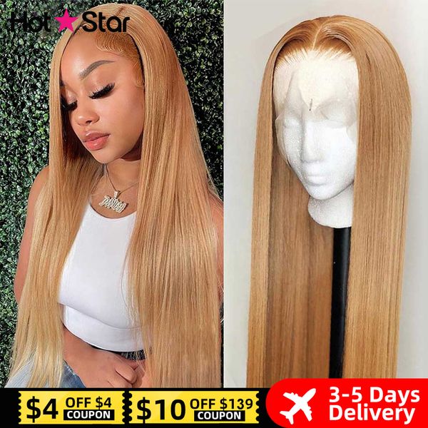 

honey blonde lace front wigs human hair star malaysian 13x4 hd straight lace frontal wigs #27 colored human hair wigs 180%, Black;brown