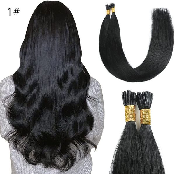 

wholesale i tip hair extension full cuticle bleached remy human hair extension stick tip keratin prebonded hair 100g/set 100pcs/100g 12-30 i, Black