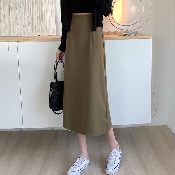 

dresses summer bodycon midi skirt black straight high waist slit long skirts women casual korean fashion solid a line white skirt girls, White;black