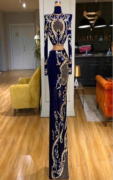 

abendkleider velvet evening gowns high neck embroidery beads long sleeve royal blue prom dress two pieces custom made red carpet d7116145, Black;red