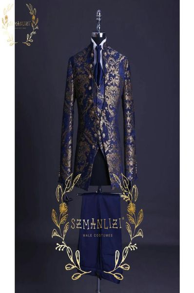 

handsome blue gold floral rim stage men suit set stand collar mens wedding suits formal groom tuxedo costume jacket pants vest5000998, Black;gray