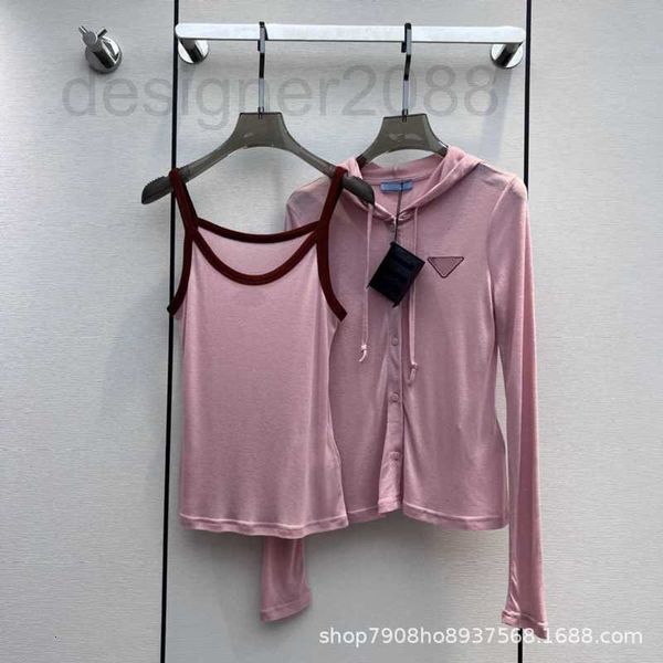 

women's knits & tees designer 23 spring/summer new hollow out embroidery triangle decorative hooded long sleeve tank set fqhq, White