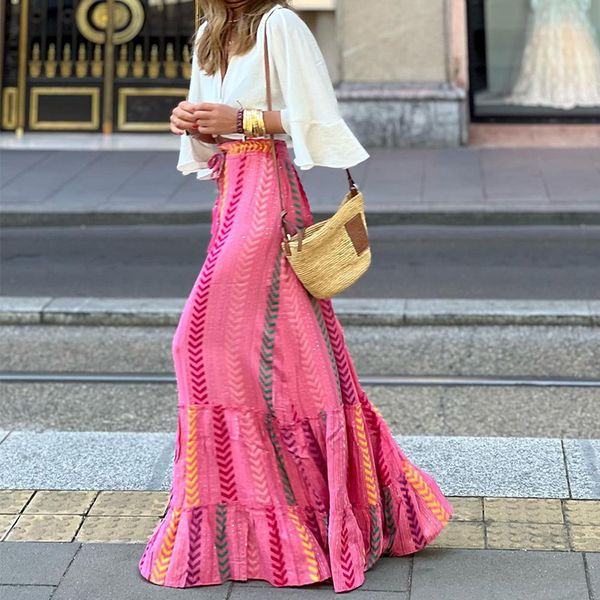 

skirts casual elastic high waist print long ruffle dress y2k clothes summer women elegant bohemian maxi 230627, Black