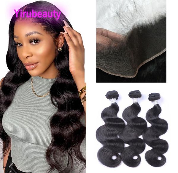 

indian human virgin hair hd 13x4 lace frontal with bundles body wave 180 density pre plucked wefts closure natural color9709322, Black;brown