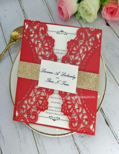 

chinese red laser cut wedding invitations with tag and glitter belt elegant lace floral invitations for bridal shower birthday gra3848855, Black