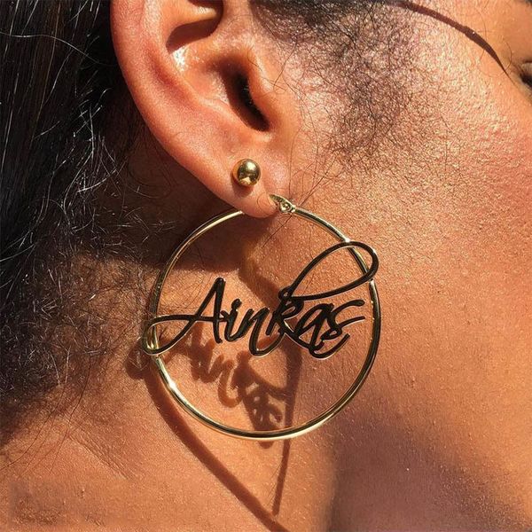 

hoop huggie custom name hoop earrings for women girls stainless steel personalized big nameplate handmade jewelry round circle oorbellen bff, Golden;silver