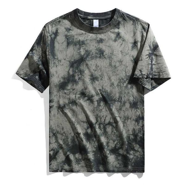 

men's tie dyed t-shirt, shoulder down, pure cotton loose fitting short sleeved men's t-shirt, round neck, trendy brand top, White;black