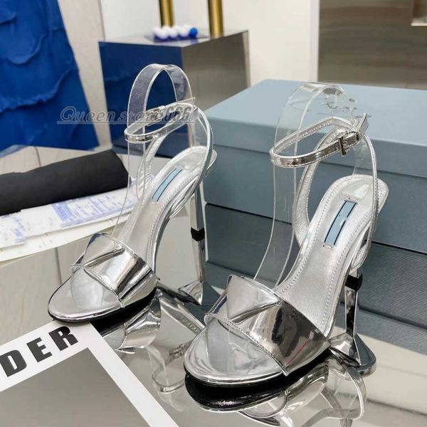 

high heel sandals luxury designer silver classic womens dress shoes triangle buckle decorative ankle strap 9.5cm middle heel sandals 35-41 b, Black