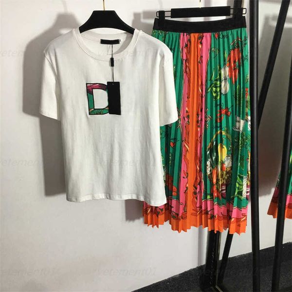 

designer t shirt suit summer two piece set embroidered letters cotton short-sleeved t-shirt vegetable print high waist pleated half skirt de, White