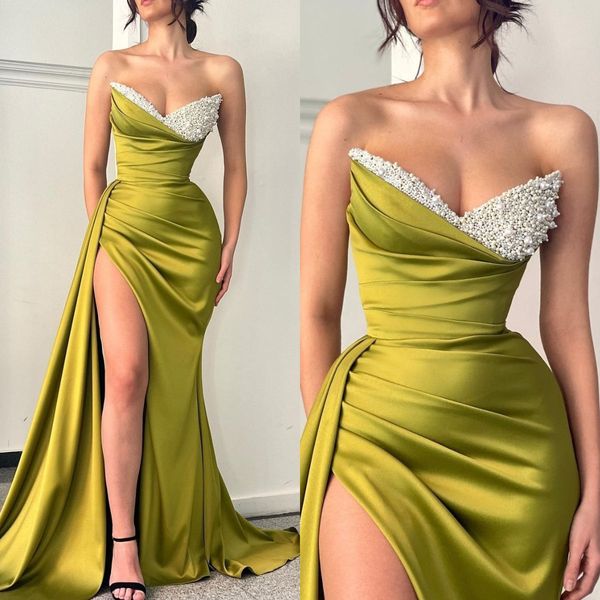 

fashion slit prom dresses pearls sweetheart evening gowns pleats formal red carpet long special occasion party dress, Black