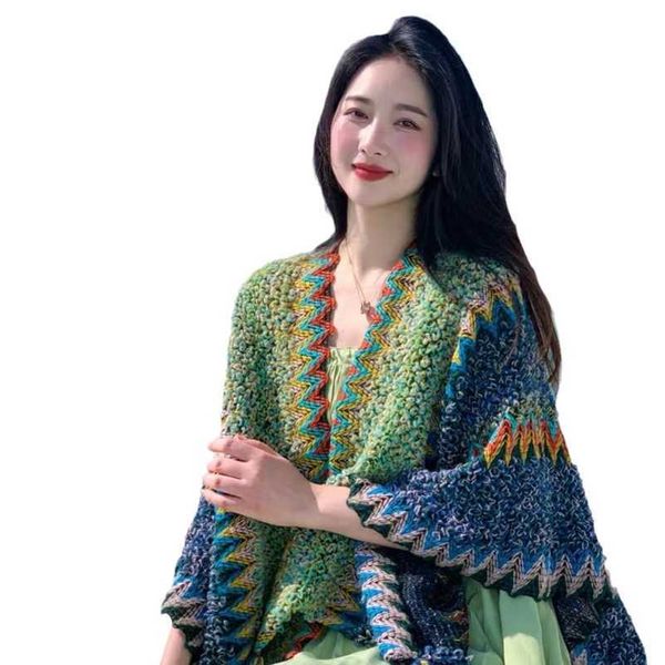 

ethnic style xinjiang tibet tourism pgraph big cape female travel lijiang qinghai lake snow mountain cape in yunnan, Blue;gray