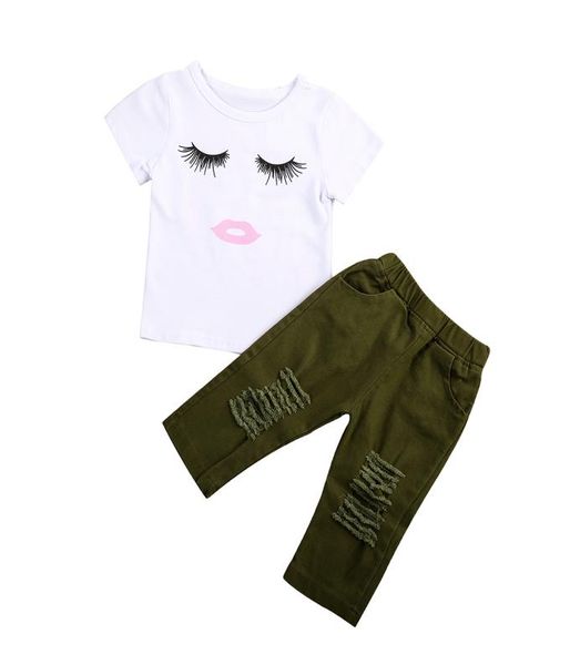 

kid little baby girls eyelash tshirt ripped jeans pants clothing set babies girl super cute outfits set summer clothes3286363, White