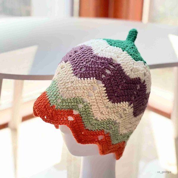 

caps handmade crochet knitted beanies hats for women summer colorful striped cap hollow hats outdoor knit caps bonnet r230628, Blue;gray