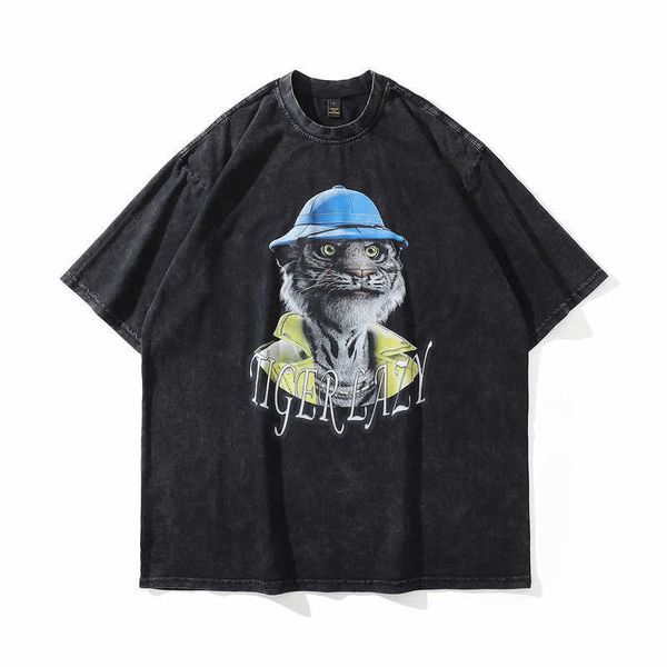 

dobermann tkpa printed wash vintage high street fashion brand loose round neck short sleeve t-shirt street for men and women stussysi 42k8, White;black