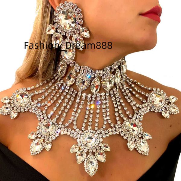 

fashion exaggerated rhinestone necklace personality luxury multi-layer water drop necklace shiny earrings necklace jewelry set, Silver