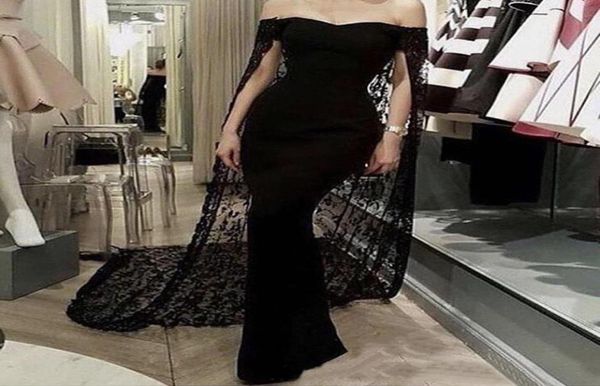 

custom new black mermaid evening dresses with cape off the shoulder full lace saudi arabic formal red carpet dress sweep train pro1233015, Black;red