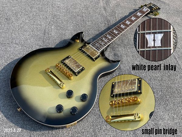 

electric guitar solid body gold center black edge burst small pin bridge gold parts bone nut no pickguard customer own logo white pearl inla