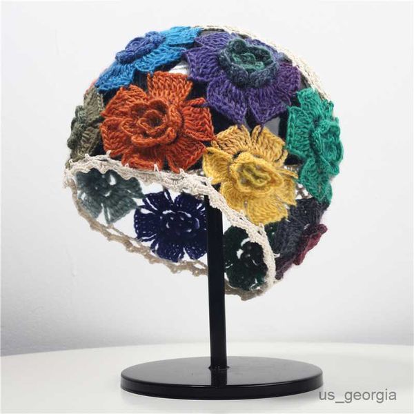 

caps style crochet colorful beanie cap women baotou hand hook hollow retro flower dazzling ethnic style knitted hat r230628, Blue;gray