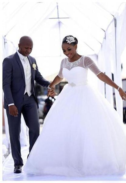 

plus size 2018 arabic vestido de novia ball gown wedding dresses with sleeves jewel neck beads sash illusion tulle bridal ball gow2543038, White