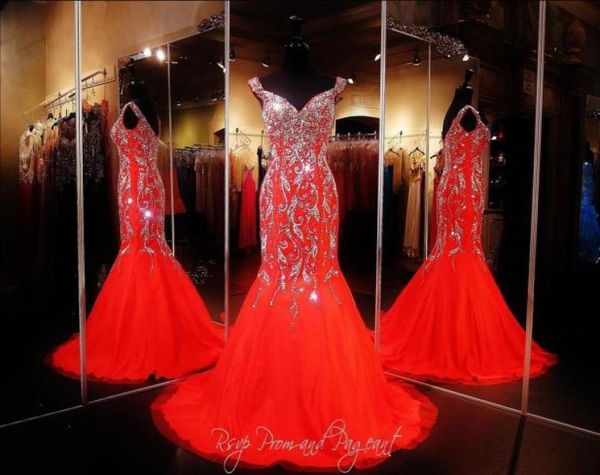 

2019 bling prom dresses wear crystal major beading long red chiffon cap sleeves mermaid sweep train formal evening party page6335720, Black