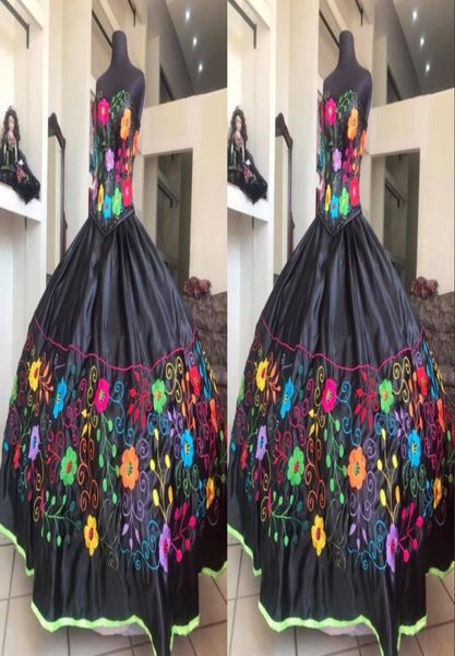 

black colorful flower embroidery charro quinceanera dresses 2022 sweetheart satin lace up back mexicano vestido de 15 xv swee7603975, Blue;red
