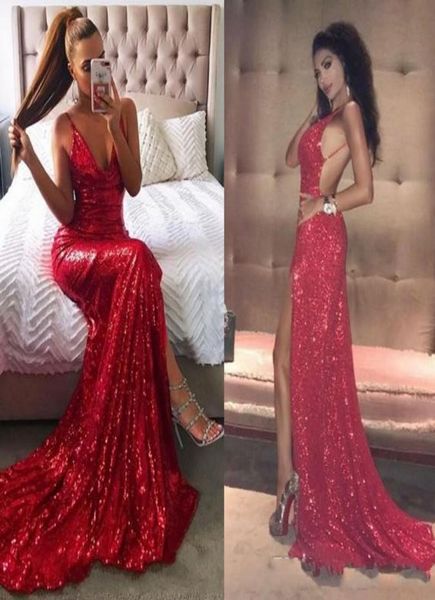 

2019 criss cross backless red sequined prom dresses mermaid spaghetti straps v neck long split evening gowns ba81595451541, Black