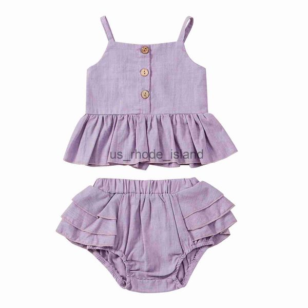 

t-shirts new girls summer two piece set fashion solid color button suspender and ruffles short pants x0628, Blue