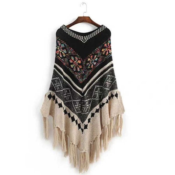 

ethnic colorful style sequins tassel knitted pullover shawl cloak for womenp022, Red;brown