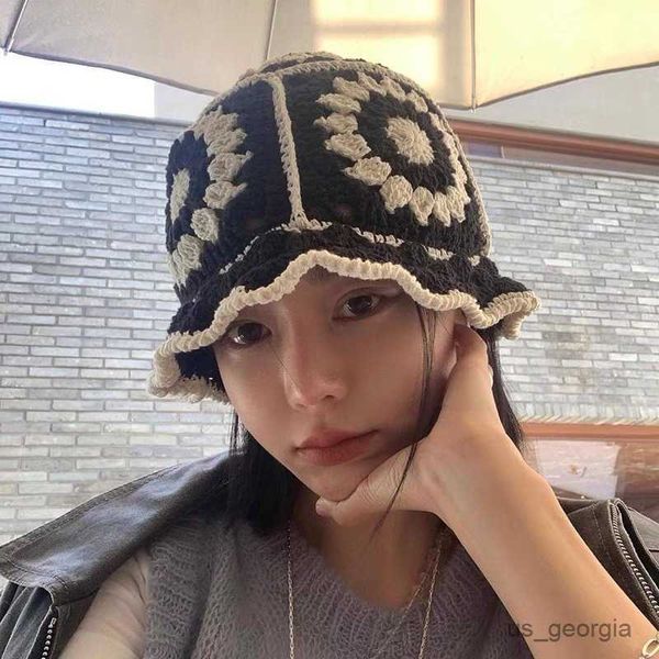 

caps summer hollow crochet flower fisherman hat women version sunscreen sun visor breathable knitted crochet hat r230628, Blue;gray