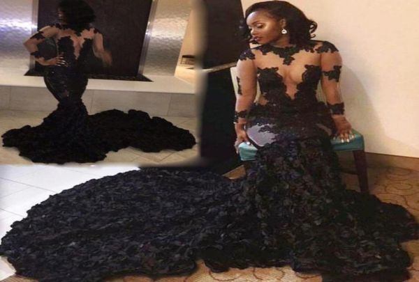 

2k17 seethrough prom dresses applique long sleeves chapel train mermaid evening gowns charming cascading ruffles celebrity p4134323, Black