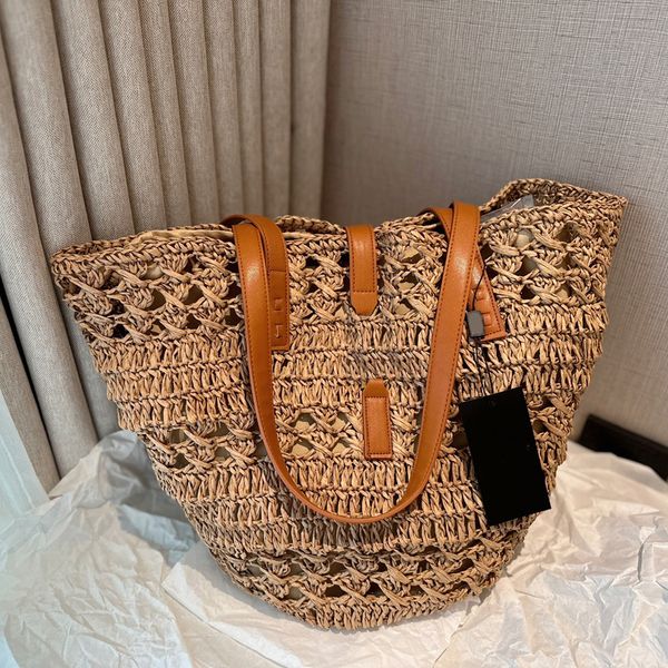 

designer raffia tote woven bag cowhide straw shoulder strap tote handbag shoulder bag crossbody fashion women's beach bag large capacit