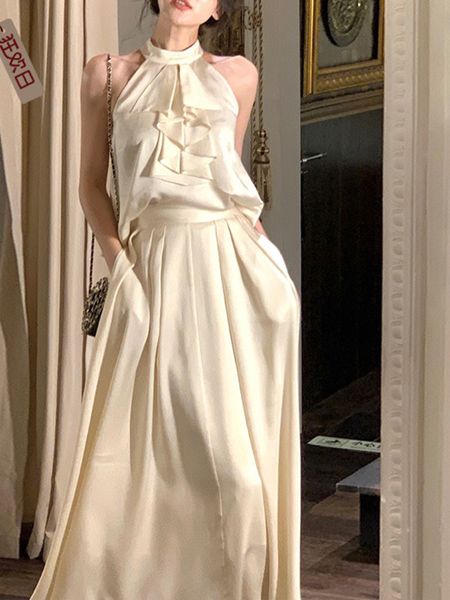 

two piece dress elegant sets for women sleeveless streetwear fashion sweet slim solid a llne 2023 spring summer 230627, White