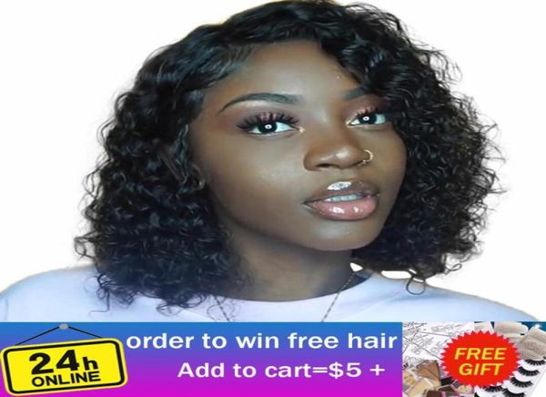 

13x4 water wave bob wig 150 density remy human hair bob lace front wigs pre plucked with baby hair vshow human wigs70776282411153, Black;brown