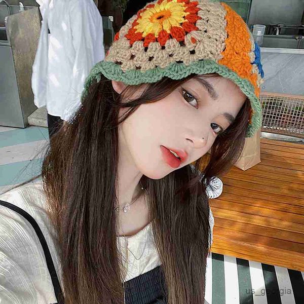 

caps 2023 new patchwork bucket hats for women cap fashion designer bucket hand-woven knitted hat crochet for ladies hat r230628, Blue;gray