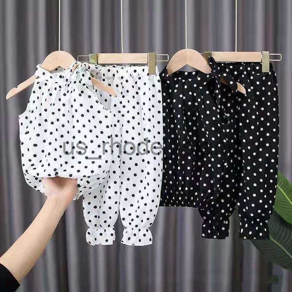 

t-shirts 2pcs baby girls clothing sets summer sleeveless polka dot kids girls clothes chiffon shirts+pants outfits children casual suits x06, Blue