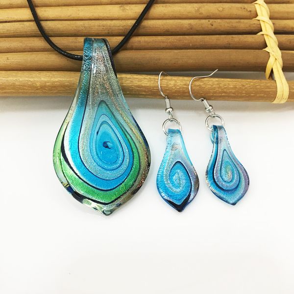 

6 set murano glass leaf pendant necklace earrings jewelry woman chinese style handmade blue whirlwind pattern sands sweater chain, Silver