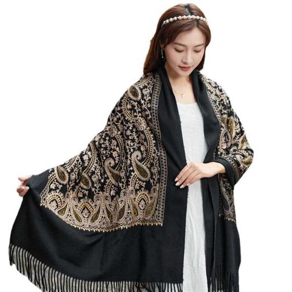 

scarf women's autumn and winter embroidered cashew fruit indian nepalese ethnic style winter thickened and warm imitation cashmere shaw, Blue;gray