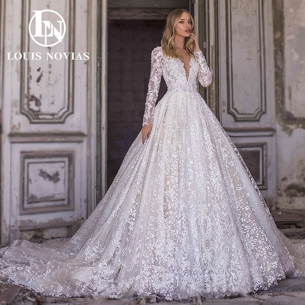 

ball gown wedding dress 2023 long sleeve deep v-neckline appliques beading lace dress for bride royal train vestidos de novia, White