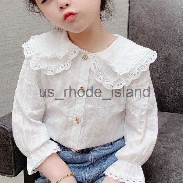 

t-shirts girls style lapel blouse with flared sleeves shirt long-sleeved spring autumn cotton lace children girl blouse kids clothes x0628, Blue