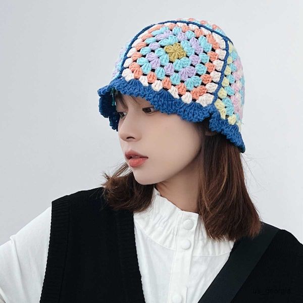 

caps ethnic style hand knitted crochet hollow bucket hat and shawl with stitching contrasting color wool basin cap beanie hat r230628, Blue;gray