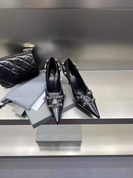 

2023 new women's high-heeled shoes locomotive heavy work single shoes manual rivet fastener, Black