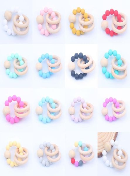 

baby teether rings set food grade beech wood teething ring soothers chew toys shower play round wooden bead silicone teethers m1428834879