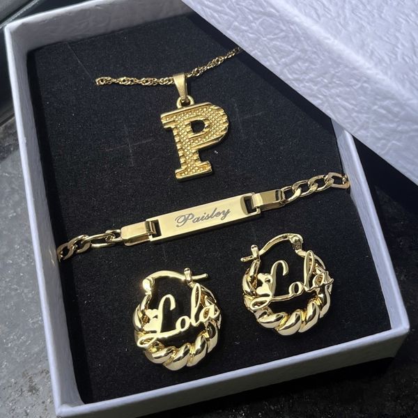 

wedding jewelry sets duoying custom name jewelry set personalized mini baby girls hoop earring name bracelet 18k gold for child jewelry gift, Slivery;golden