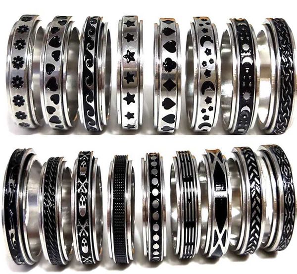 

50pcs multi-styles mix rotating stainless steel spin rings men women spinner ring wholesale rotate band finger rings party jewelry, Silver