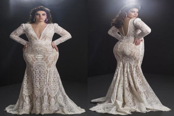 

2020 plus size mermaid wedding dresses v neck appliqued beaded long sleeves bridal gowns sheer back ruffle sweep train vestidos de3701846, White
