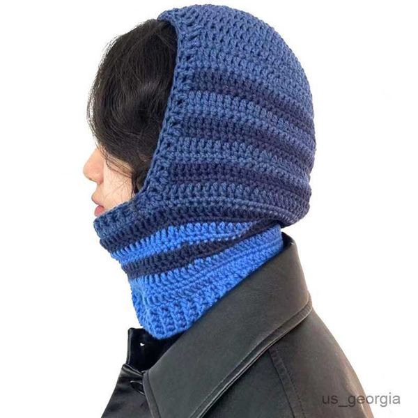 

caps 2023 autumn winter striped color beanie hat outdoor warm mask hats scarf one-piece knitted cap r230628, Blue;gray