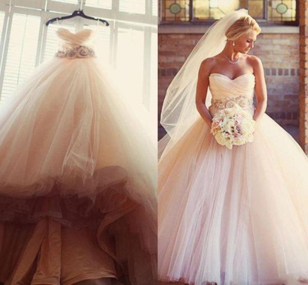

charming blush pink ball gown wedding dresses appliques sash beaded flower sweetheart sleeveless country bridal dress8699374, White